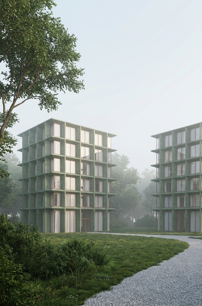 Modern building facade visualization with AI rendering
